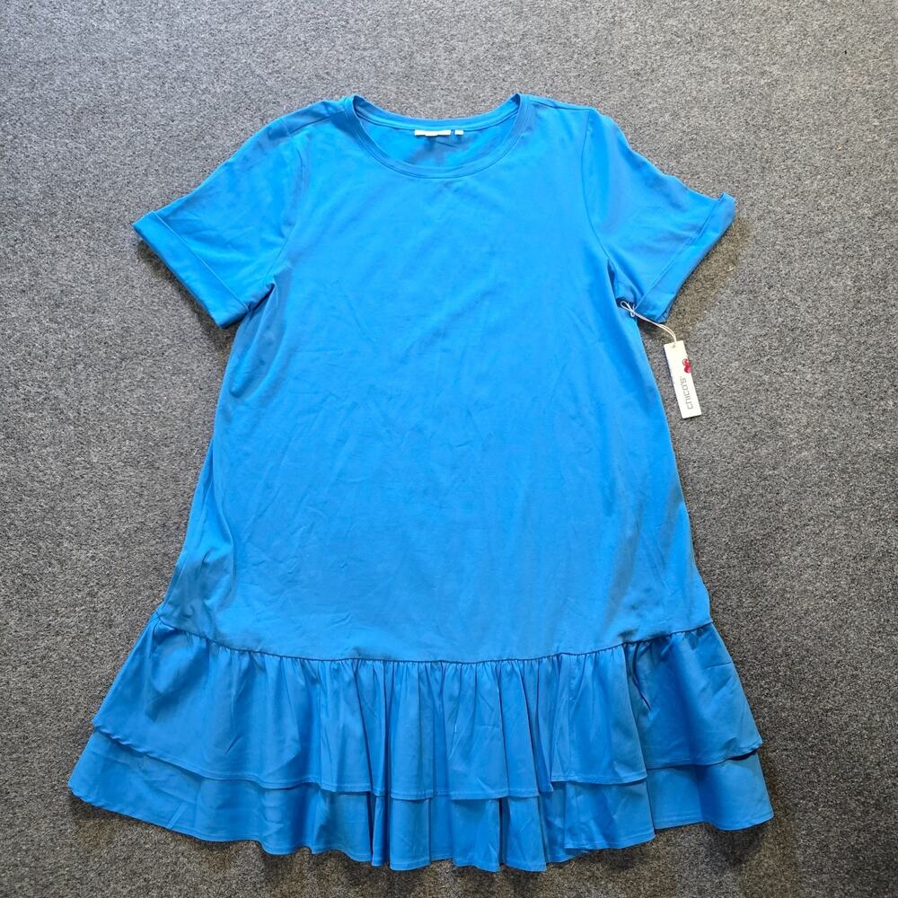Chicos Dress Womens Size XL Blue Short Sleeve Ruffle Hem Stretch Casual Basic
